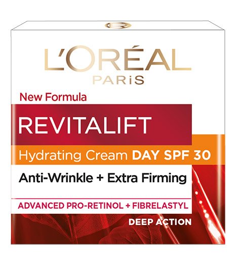 Cuidado facial Foto del frente del envase de la crema diurna con FPS 30 Revitalift